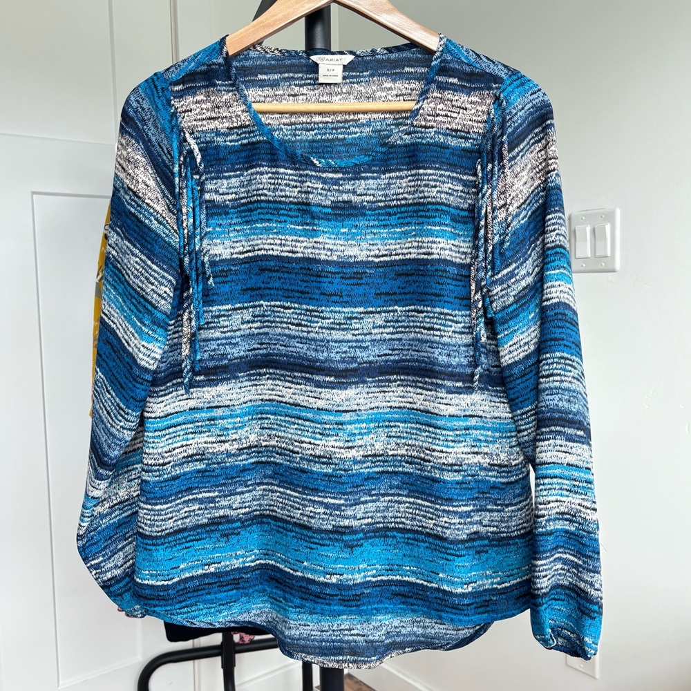 Ariat Blue Long Sleeve Fringe Etta Blouse Top Western size S